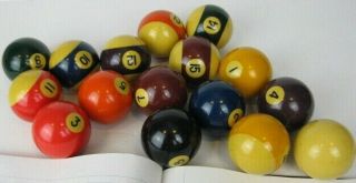 Old Billiards Vintage Pool Balls Complete Set Of 15 Plus Cue Ball 5.  11 Pounds