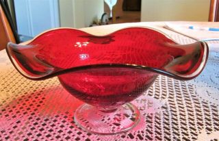 Vintage Ruby Art Glass Ruffled Footed Centerpiece Bowl