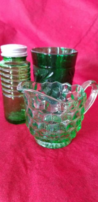 3 Vintage Green Glass,  Emerald Juice Glass,  Jeannette Cubist Creamer,  Hossier St