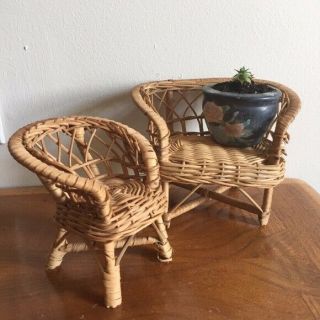 Vtg Wicker Rattan Chair Plant Stands Set Of 2