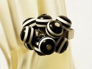 Early Vintage Black White Stripe Psychedelic Plastic Dangle Ball Adjustable Ring
