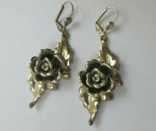 Vintage Sterling Silver 3 - D Rose & Leaf Drop Dangle Earrings