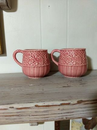 Vintage Bordallo Pinheiro Basket Weave Coffee Mug Pair Pink Portugese Pottery