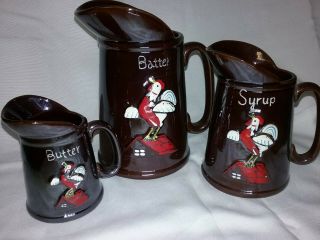 Vintage Redware Pottery Brown Syrup Batter Butter Rooster Pitcher Set Of 3