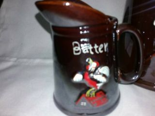 Vintage Redware Pottery Brown Syrup Batter Butter Rooster Pitcher Set of 3 2