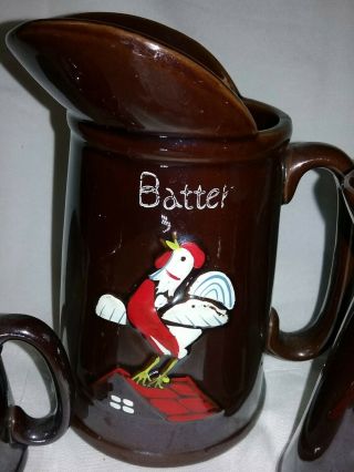 Vintage Redware Pottery Brown Syrup Batter Butter Rooster Pitcher Set of 3 3