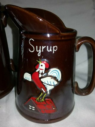 Vintage Redware Pottery Brown Syrup Batter Butter Rooster Pitcher Set of 3 4