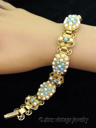 Vintage 1950’s Victorian Style Faux Turquoise Pearl Gold Filigree Link Bracelet