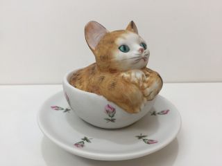 Vintage Japan Music Box By Seymour Mann Kitten In Floral Tea Cup,  Good