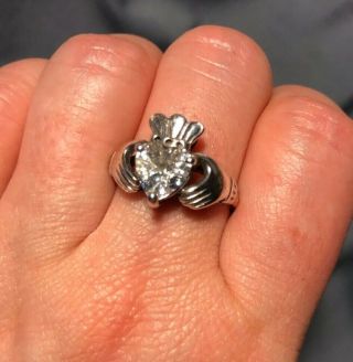 Vintage Sterling Silver Diamonique Cubic Zirconia Claddagh Ring,  Size 9