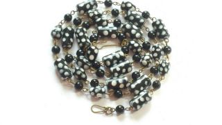 Czech Long Tube And Drop Doted Glass Bead Necklace Vintage Deco Style