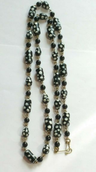 Czech Long Tube And Drop Doted Glass Bead Necklace Vintage Deco Style 2