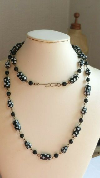 Czech Long Tube And Drop Doted Glass Bead Necklace Vintage Deco Style 3