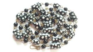 Czech Long Tube And Drop Doted Glass Bead Necklace Vintage Deco Style 4