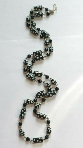Czech Long Tube And Drop Doted Glass Bead Necklace Vintage Deco Style 5