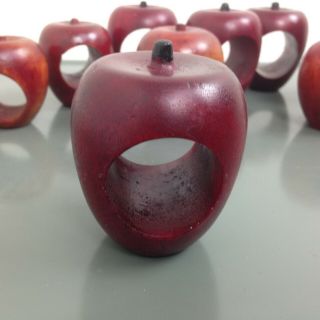 Set Of 9 Red Apple Wood Wooden Napkin Serviette Rings Holders Vintage Country
