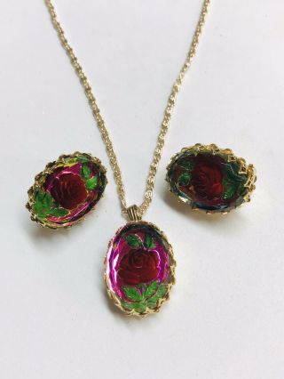 Vintage Art Glass Roses Necklace & Earring Demi Set