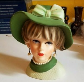 Vintage Napcoware Lady Head Vase Blond Blue Eyed Green Hat Pearl Necklace