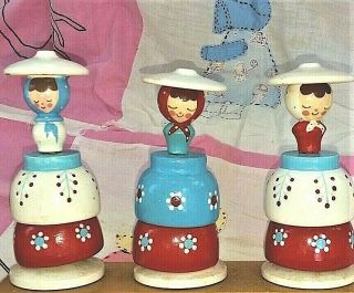 Vintage 3 Hand Painted Wooden Russian Dolls Stacking Toy Ussr,  1960s X
