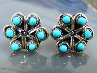 Vintage Zuni Sterling Silver Petit Point Blue Turquoise Earrings Post Flower