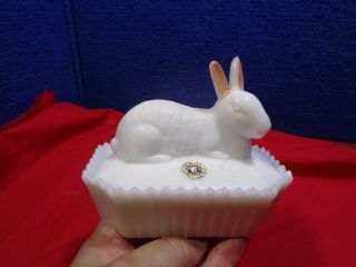 Vintage Westmoreland Milk Glass Bunny Rabbit On A Covered Dish