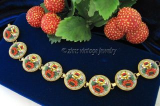 Vintage Italian Red Yellow Green Micro Mosaic Glass Floral Brass Link Bracelet