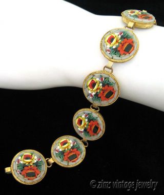 Vintage ITALIAN Red yellow green Micro Mosaic glass FLORAL brass link BRACELET 2