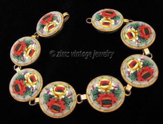Vintage ITALIAN Red yellow green Micro Mosaic glass FLORAL brass link BRACELET 3