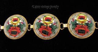 Vintage ITALIAN Red yellow green Micro Mosaic glass FLORAL brass link BRACELET 4