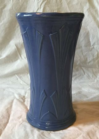 Charming Vintage Art Deco Yellow Ware Stoneware Blue 10 " Vase Marked U.  S.  A.