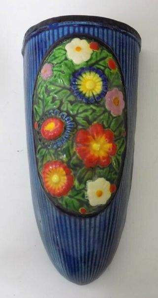 Vintage Blue Pottery Wall Pocket With Flowers Japan