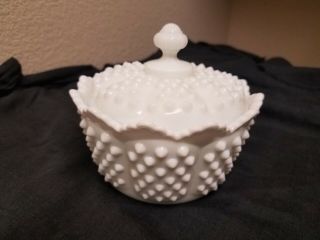 Vintage Fenton Hobnail Milk Glass Candy Dish With Lid