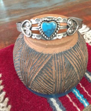 Vintage Fred Harvey Nickel Silver Turquoise Navajo Heart Bracelet.