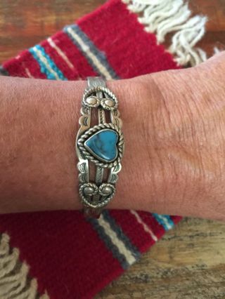 Vintage Fred Harvey Nickel Silver Turquoise Navajo Heart Bracelet. 3