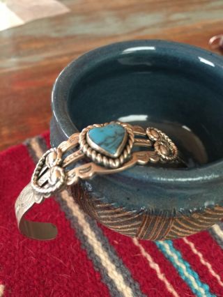 Vintage Fred Harvey Nickel Silver Turquoise Navajo Heart Bracelet. 4