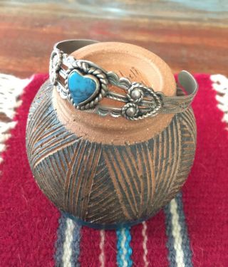 Vintage Fred Harvey Nickel Silver Turquoise Navajo Heart Bracelet. 5