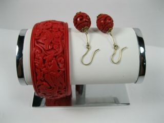 Vintage Chinese Red Cinnabar Dragon Bangle Bracelet And Earrings Set