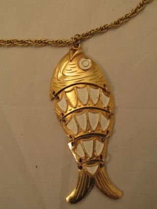 Vintage Gold - Tone Articulated Fish Pendant Necklace With White Enamel