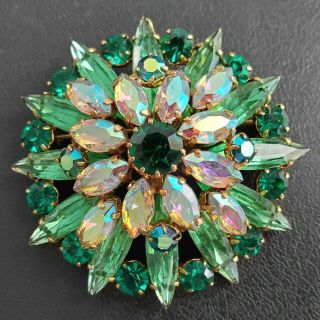Vintage Emerald Green Navette Rhinestone Ab Flower Crystal Brooch Pin Q162