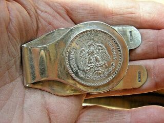 Sterling Money Clip W 1944 Mexican Peso Silver Coin & 50 Centavos - Vintage Mexico