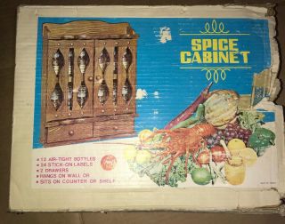 Vintage Wooden Spice Cabinet Rack With 2 Shelves & 2 Drawers & Spice Jars