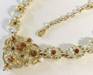 Vintage Signed Coro Amber Rhinestone Necklace Gorgeous Victorian Design