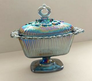 Vintage Carnival Glass Blue Open Lace Edging Candy Dish With Lid