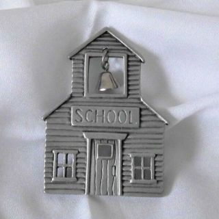 Vintage Pewter Classic Old School House Signed J&j Brooch/pin With Hanging Bell