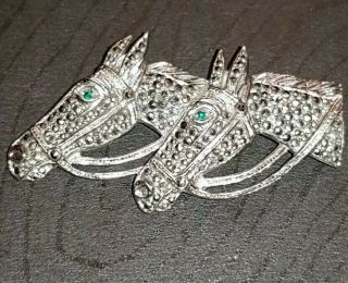 Vintage Equine Art Deco Marcasite And Silver Metal Horse Head Riding Brooch Pin