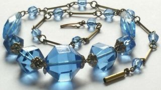 Czech Vintage Art Deco Sapphire Blue Faceted Glass Bead Necklace