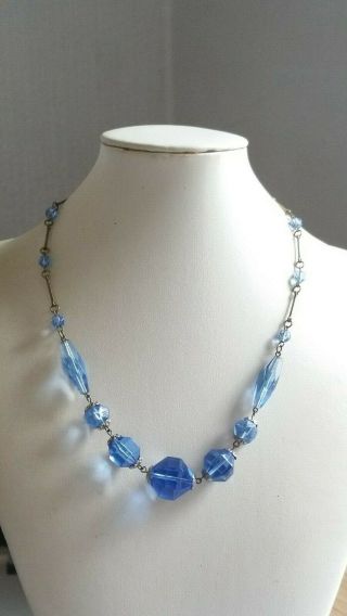 Czech Vintage Art Deco Sapphire Blue Faceted Glass Bead Necklace 3