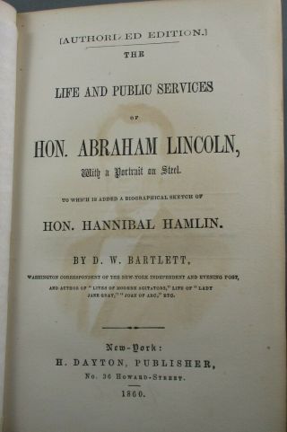 Life and Public Services of HON.  ABRAHAM LINCOLN (1860) 1st Ed by D.  W.  Bartlett 3