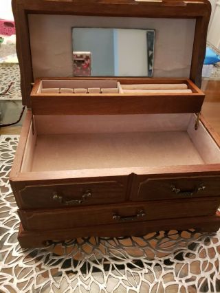 Vintage 70s Large solid Wood Jewelry Chest Box 3 tier,  shape of a cedar chest, 2