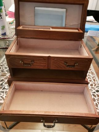 Vintage 70s Large solid Wood Jewelry Chest Box 3 tier,  shape of a cedar chest, 5